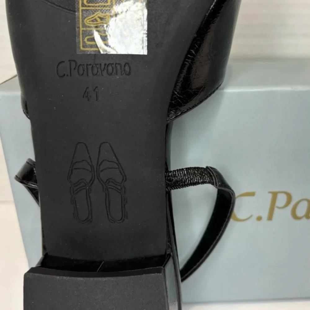 C. Paravano Freya Pointed Toe Slingback Flat Ankle Strap Patent Black 41 US 10.5